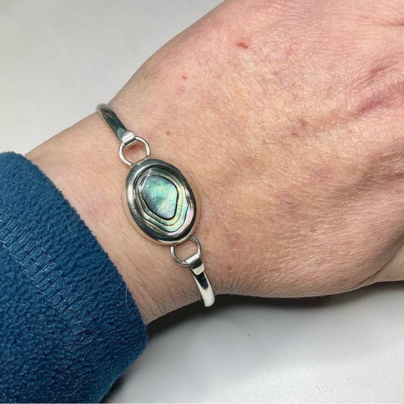 Vtg Sterling Silver Abalone Bangle Mexican Silver Bracelet - Picture 5 of 8